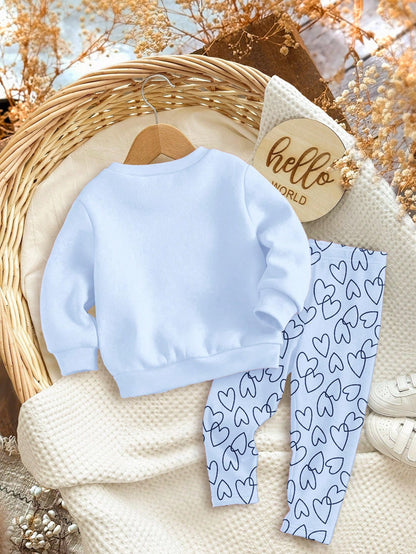 Baby Girl Cute Heart Print Sweatshirt And Leggings Set,Purple Autumn Casual Winter Fashion,Comfortable Crew Neck Long Sleeve Outfit,Family Matching