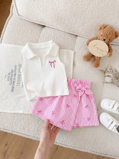 Baby Girl Cute Summer Casual Knit White Polo Shirt & Striped Bow Tie Elastic Waist Shorts Set