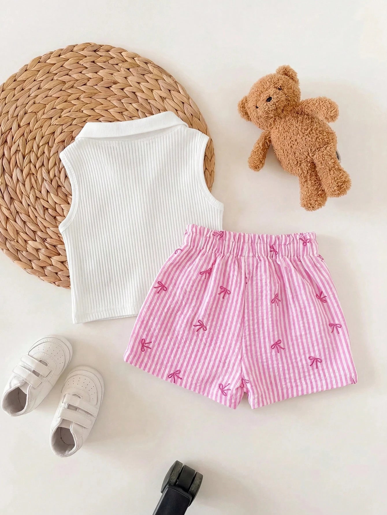 Baby Girl Cute Summer Casual Knit White Polo Shirt & Striped Bow Tie Elastic Waist Shorts Set