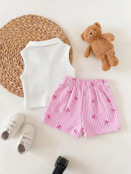 Baby Girl Cute Summer Casual Knit White Polo Shirt & Striped Bow Tie Elastic Waist Shorts Set