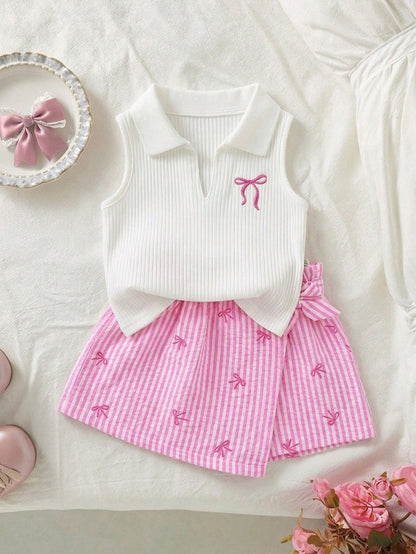 Baby Girl Cute Summer Casual Knit White Polo Shirt & Striped Bow Tie Elastic Waist Shorts Set