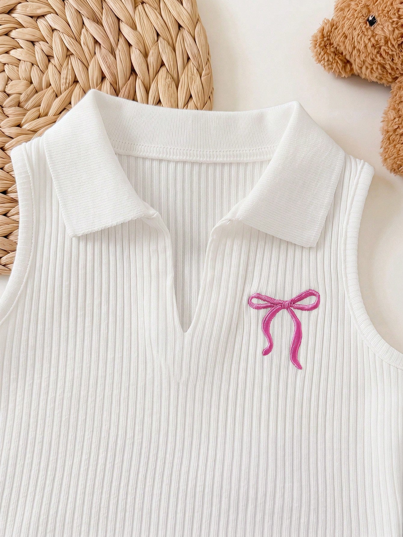 Baby Girl Cute Summer Casual Knit White Polo Shirt & Striped Bow Tie Elastic Waist Shorts Set