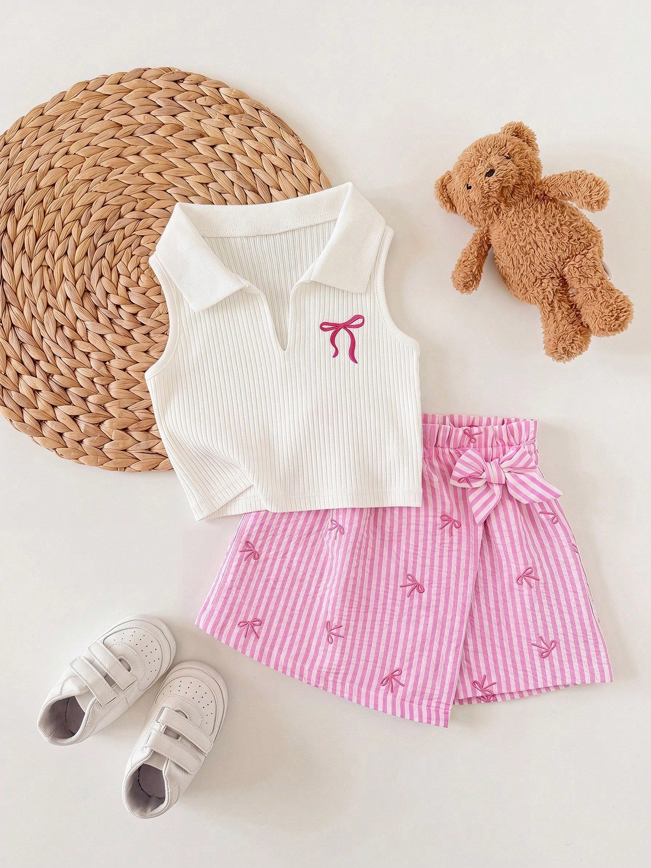 Baby Girl Cute Summer Casual Knit White Polo Shirt & Striped Bow Tie Elastic Waist Shorts Set
