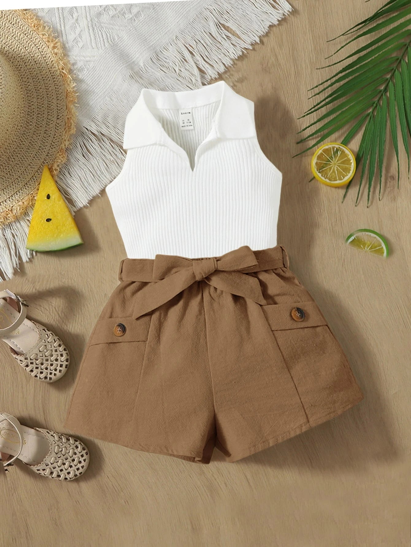 Baby Girl Cute Summer Casual Knit White Polo Shirt & Striped Bow Tie Elastic Waist Shorts Set