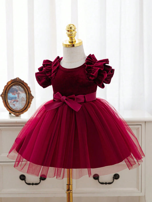 Baby Girl Elegant Burgundy Velvet Princess Dress, Infant Ruffle Flutter Sleeve Gown With Satin Bowknot Tulle Tutu For Christmas 1st Birthday Party