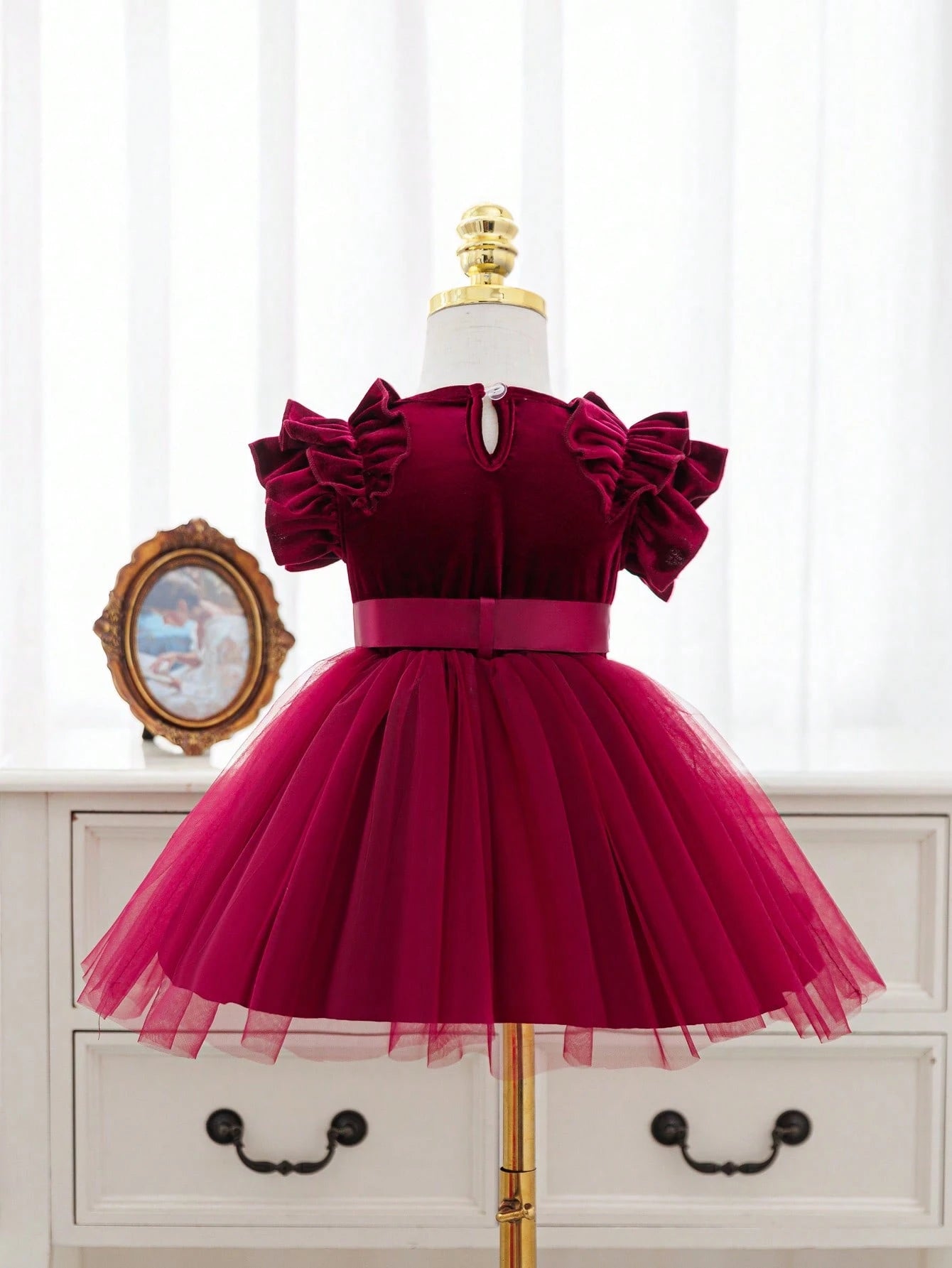 Baby Girl Elegant Burgundy Velvet Princess Dress, Infant Ruffle Flutter Sleeve Gown With Satin Bowknot Tulle Tutu For Christmas 1st Birthday Party
