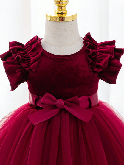 Baby Girl Elegant Burgundy Velvet Princess Dress, Infant Ruffle Flutter Sleeve Gown With Satin Bowknot Tulle Tutu For Christmas 1st Birthday Party