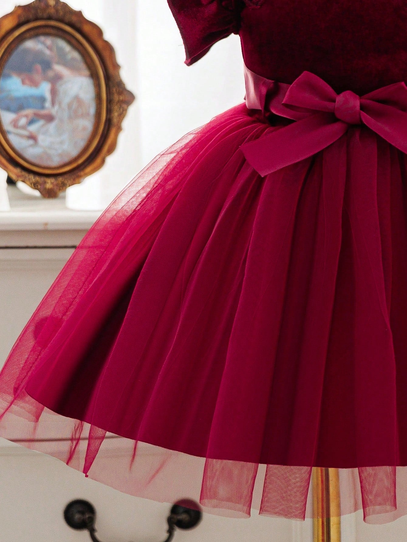 Baby Girl Elegant Burgundy Velvet Princess Dress, Infant Ruffle Flutter Sleeve Gown With Satin Bowknot Tulle Tutu For Christmas 1st Birthday Party