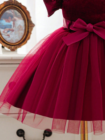 Baby Girl Elegant Burgundy Velvet Princess Dress, Infant Ruffle Flutter Sleeve Gown With Satin Bowknot Tulle Tutu For Christmas 1st Birthday Party