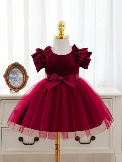 Baby Girl Elegant Burgundy Velvet Princess Dress, Infant Ruffle Flutter Sleeve Gown With Satin Bowknot Tulle Tutu For Christmas 1st Birthday Party