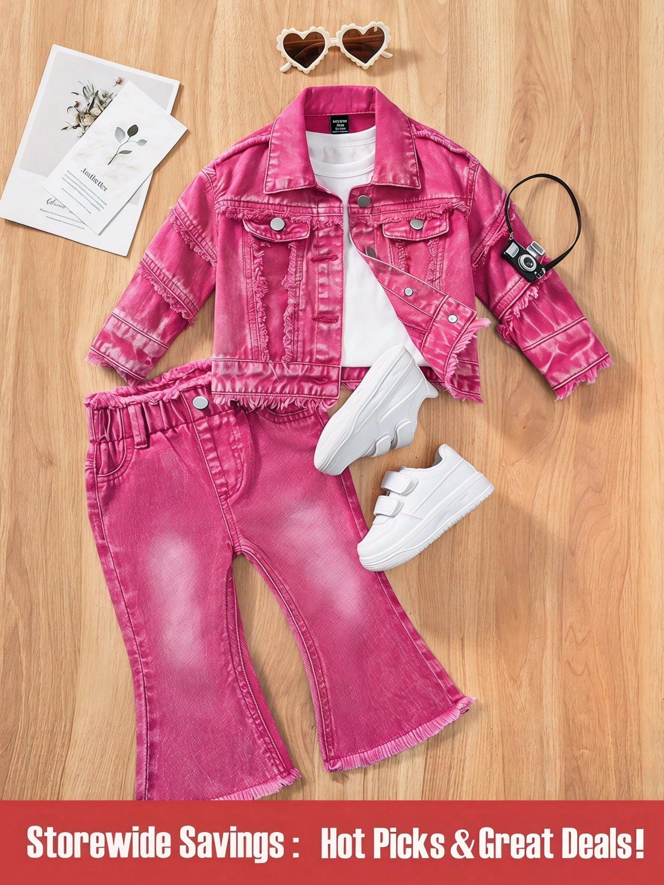 Baby Girl Faded Individuality Frayed Edging Lovely Wind Casual Grandpa Denim Jacket And Flare Pants 2pcs Set Back-To-School Formal Bright Pink Autumn