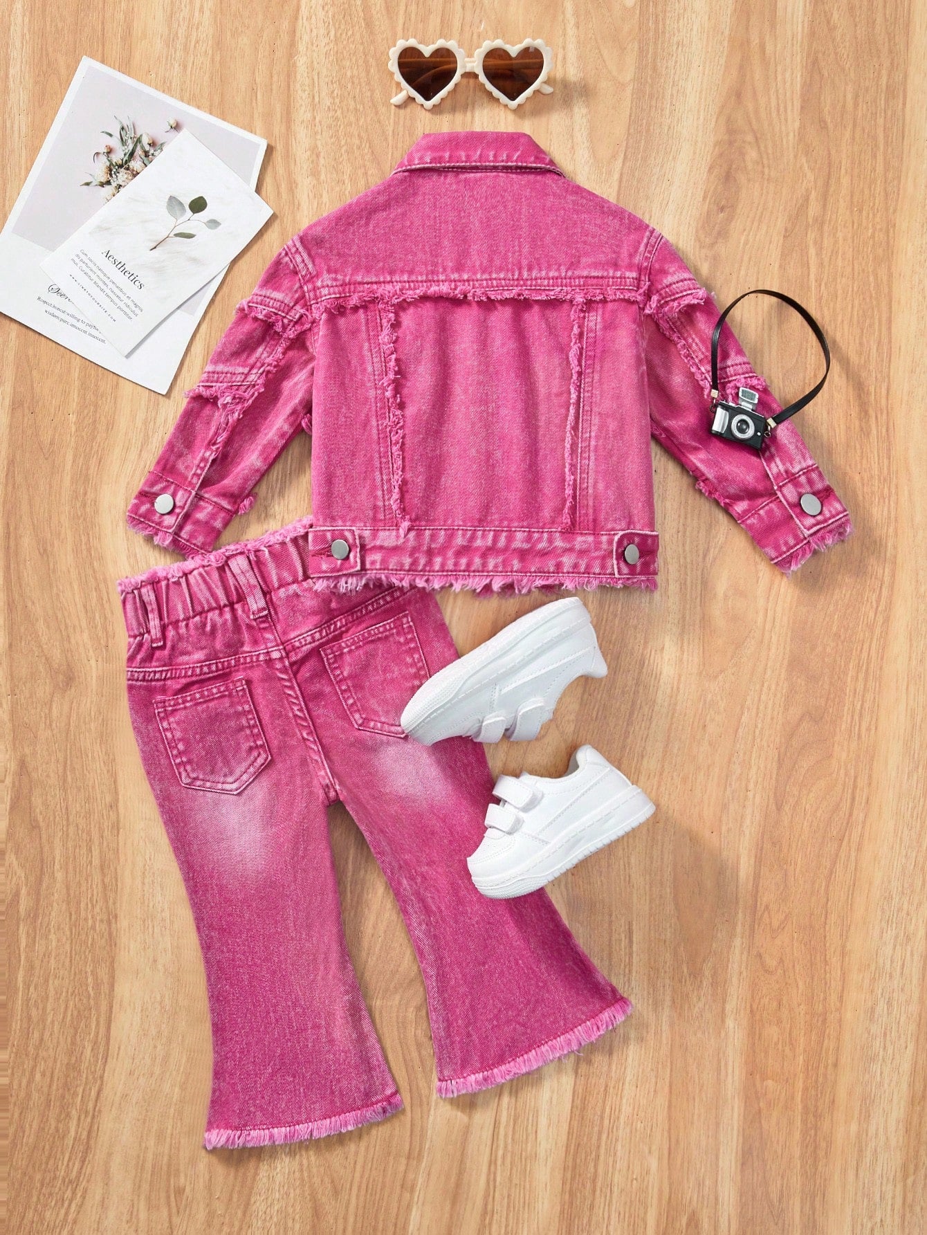 Baby Girl Faded Individuality Frayed Edging Lovely Wind Casual Grandpa Denim Jacket And Flare Pants 2pcs Set Back-To-School Formal Bright Pink Autumn
