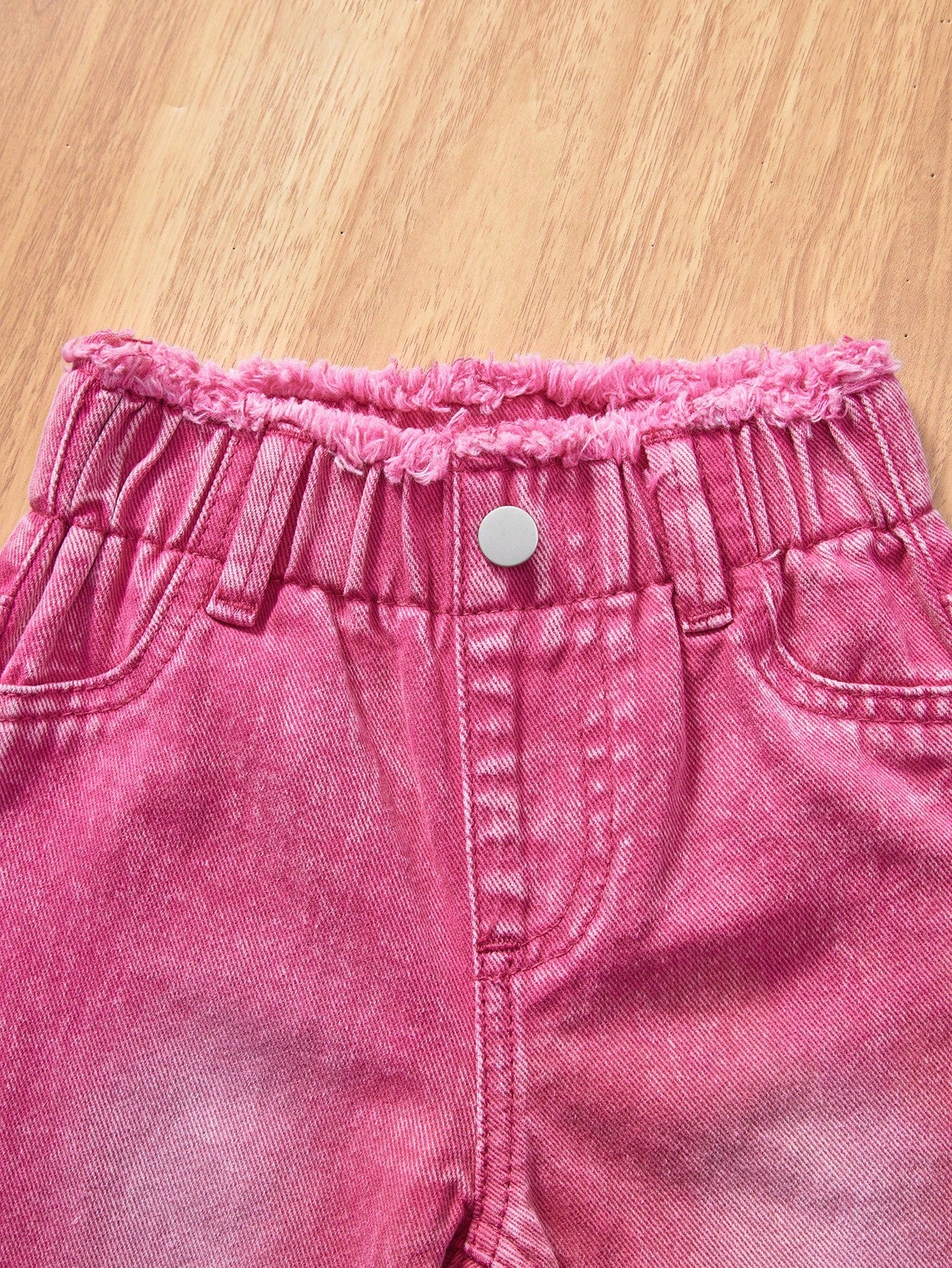 Baby Girl Faded Individuality Frayed Edging Lovely Wind Casual Grandpa Denim Jacket And Flare Pants 2pcs Set Back-To-School Formal Bright Pink Autumn