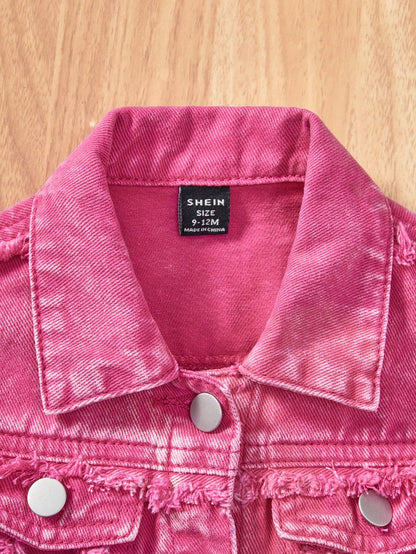 Baby Girl Faded Individuality Frayed Edging Lovely Wind Casual Grandpa Denim Jacket And Flare Pants 2pcs Set Back-To-School Formal Bright Pink Autumn
