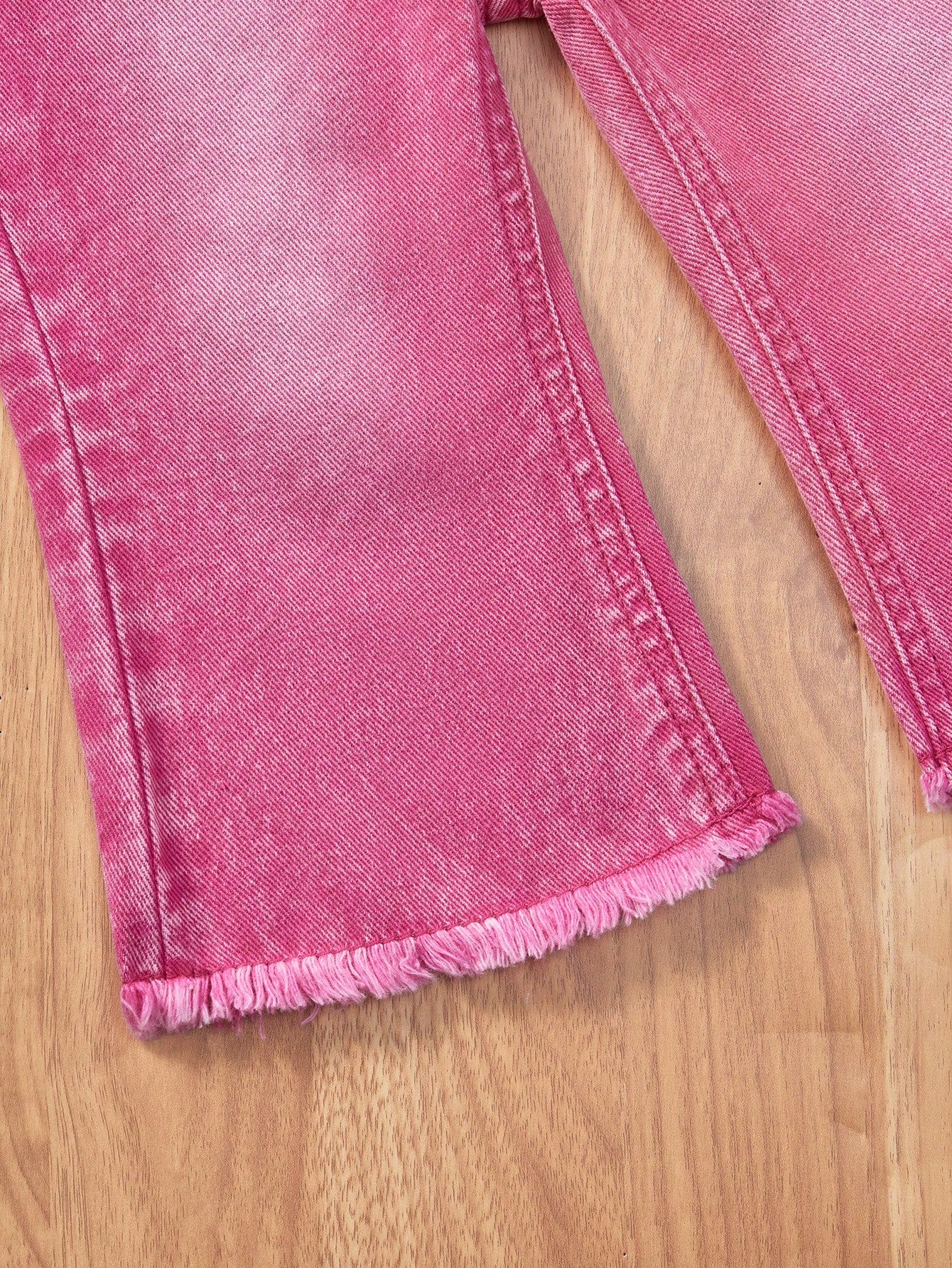 Baby Girl Faded Individuality Frayed Edging Lovely Wind Casual Grandpa Denim Jacket And Flare Pants 2pcs Set Back-To-School Formal Bright Pink Autumn