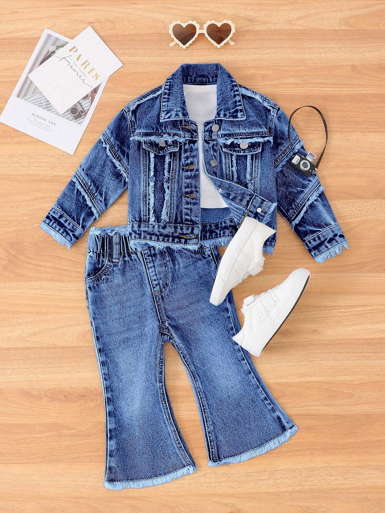 Baby Girl Faded Individuality Frayed Edging Lovely Wind Casual Grandpa Denim Jacket And Flare Pants 2pcs Set Back-To-School Formal Bright Pink Autumn