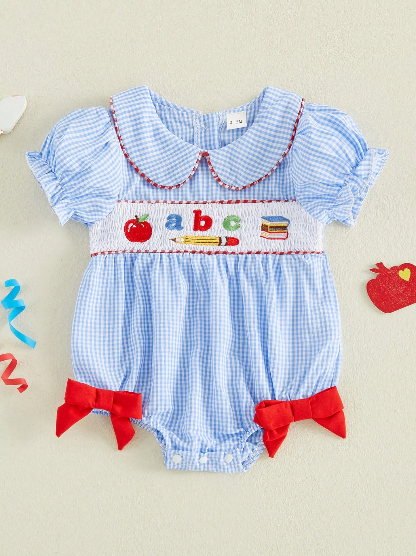 Baby Girl First Day Of School Outfit Smocked Short Sleeve Bubble Romper Shirt Plaid Bodysuit Summer Clothes