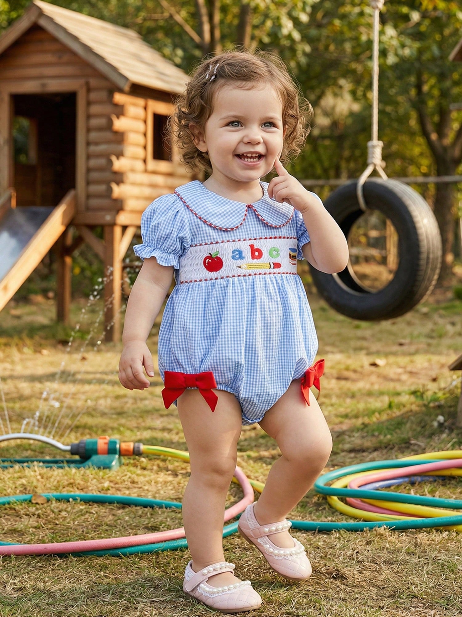 Baby Girl First Day Of School Outfit Smocked Short Sleeve Bubble Romper Shirt Plaid Bodysuit Summer Clothes