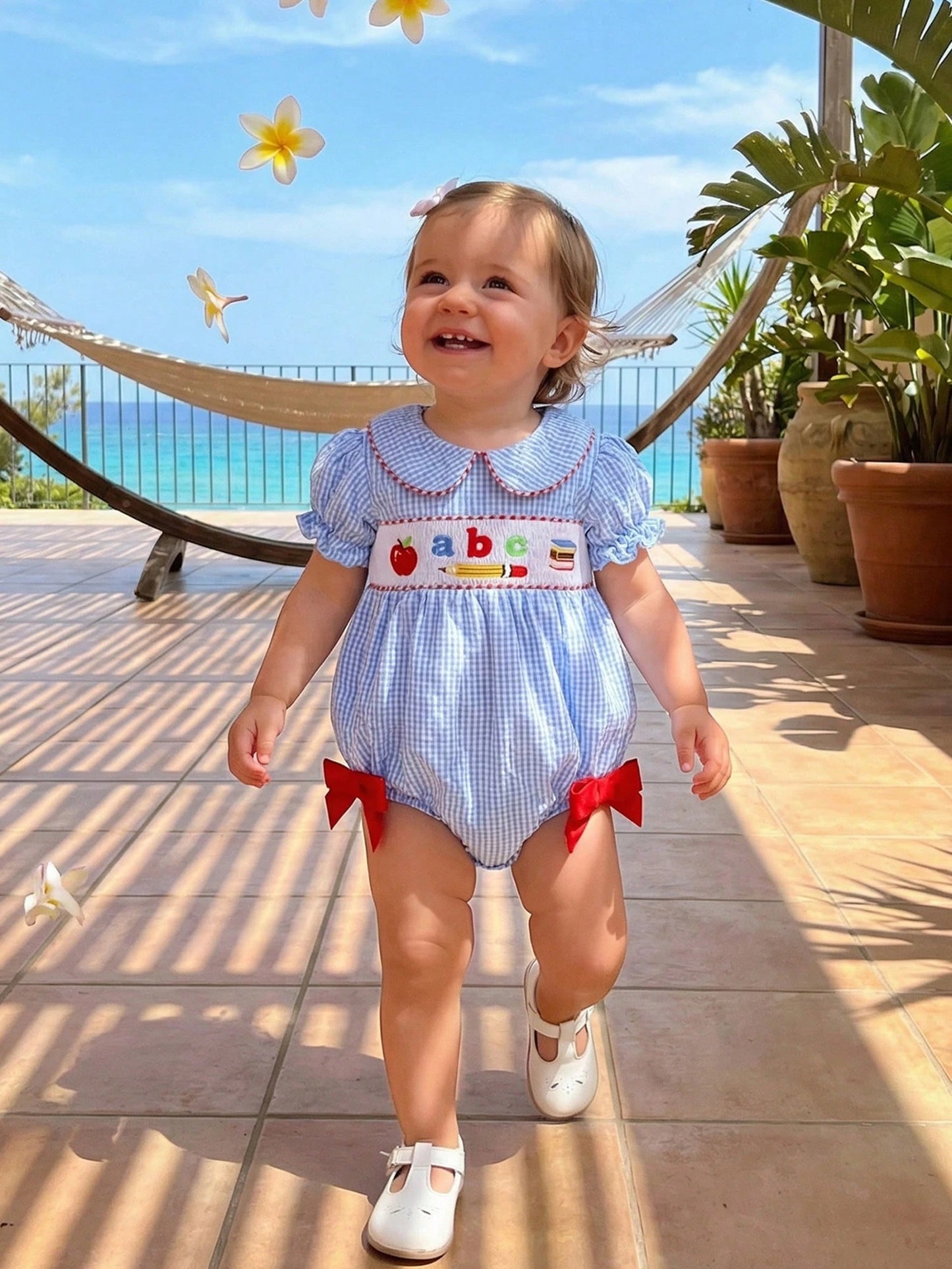 Baby Girl First Day Of School Outfit Smocked Short Sleeve Bubble Romper Shirt Plaid Bodysuit Summer Clothes
