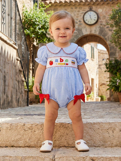Baby Girl First Day Of School Outfit Smocked Short Sleeve Bubble Romper Shirt Plaid Bodysuit Summer Clothes