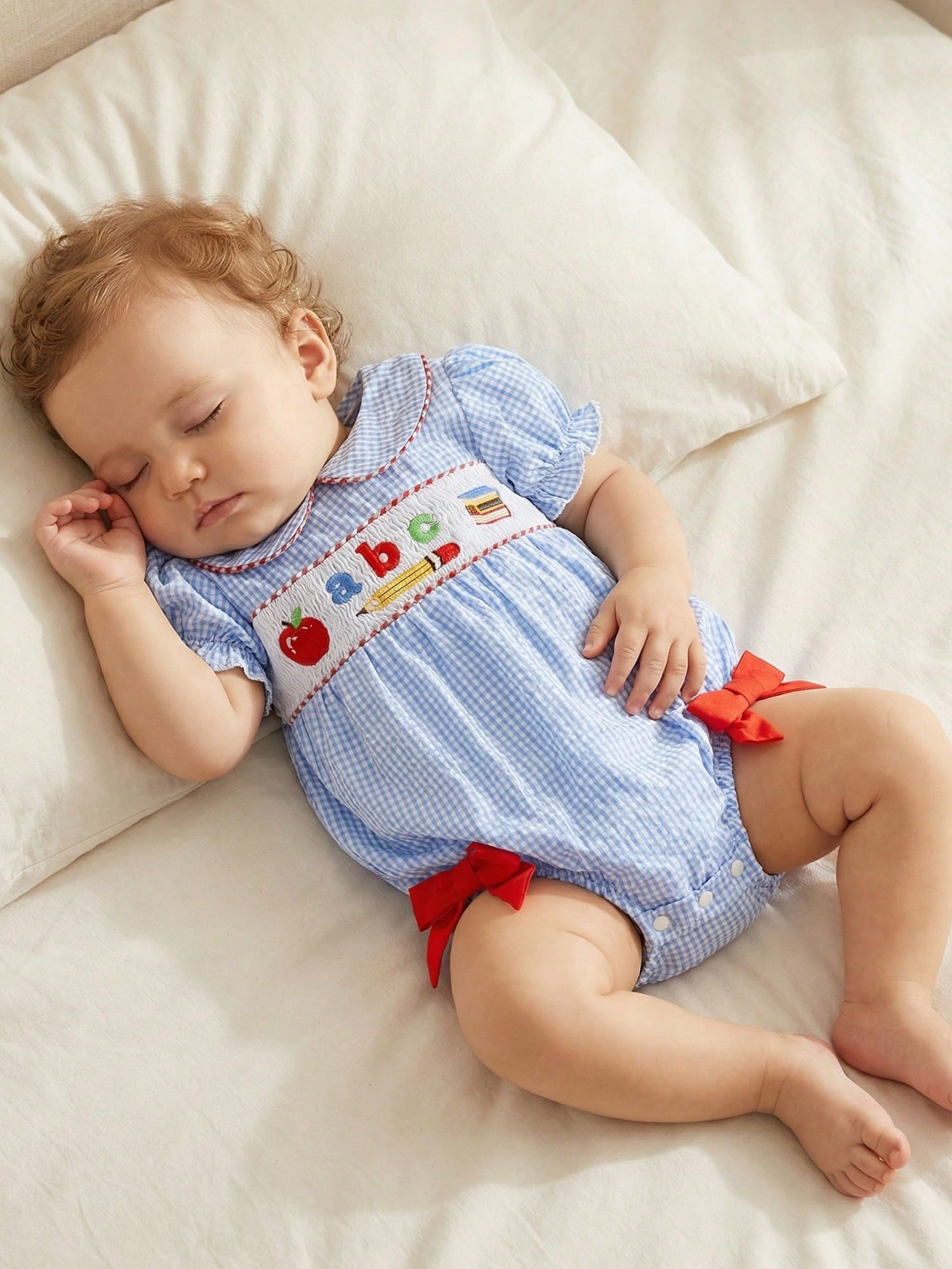 Baby Girl First Day Of School Outfit Smocked Short Sleeve Bubble Romper Shirt Plaid Bodysuit Summer Clothes