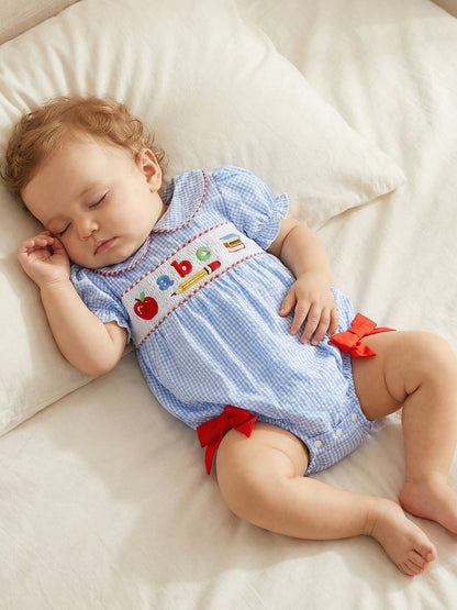 Baby Girl First Day Of School Outfit Smocked Short Sleeve Bubble Romper Shirt Plaid Bodysuit Summer Clothes