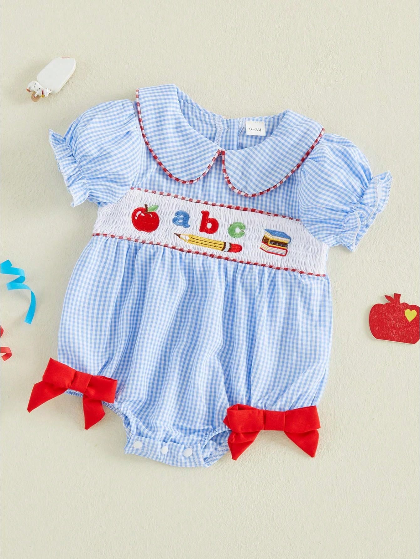 Baby Girl First Day Of School Outfit Smocked Short Sleeve Bubble Romper Shirt Plaid Bodysuit Summer Clothes