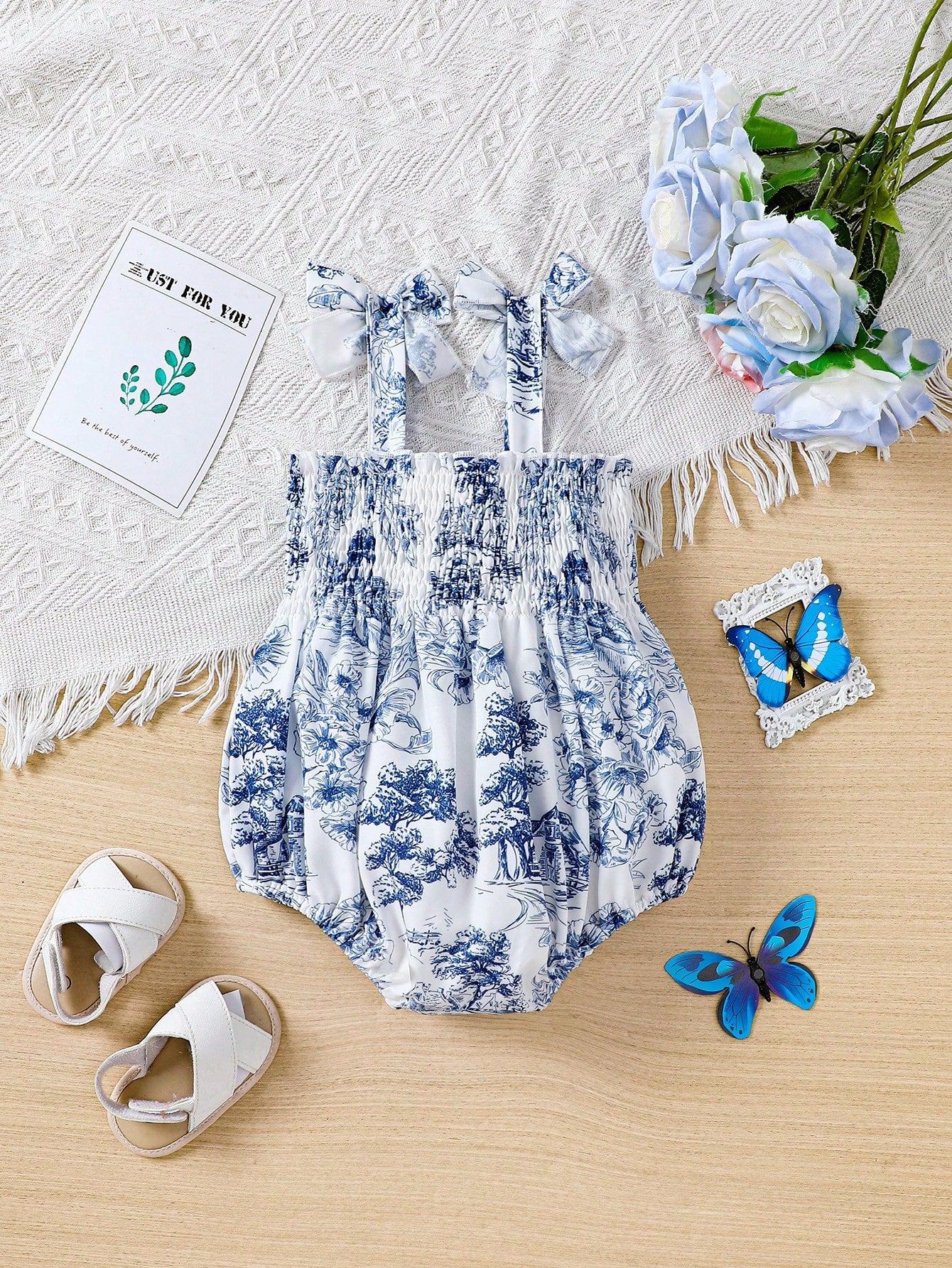 Baby Girl Flower Print Bodysuit With Ruffle Straps And Bowknot Detail For Summer