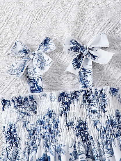 Baby Girl Flower Print Bodysuit With Ruffle Straps And Bowknot Detail For Summer