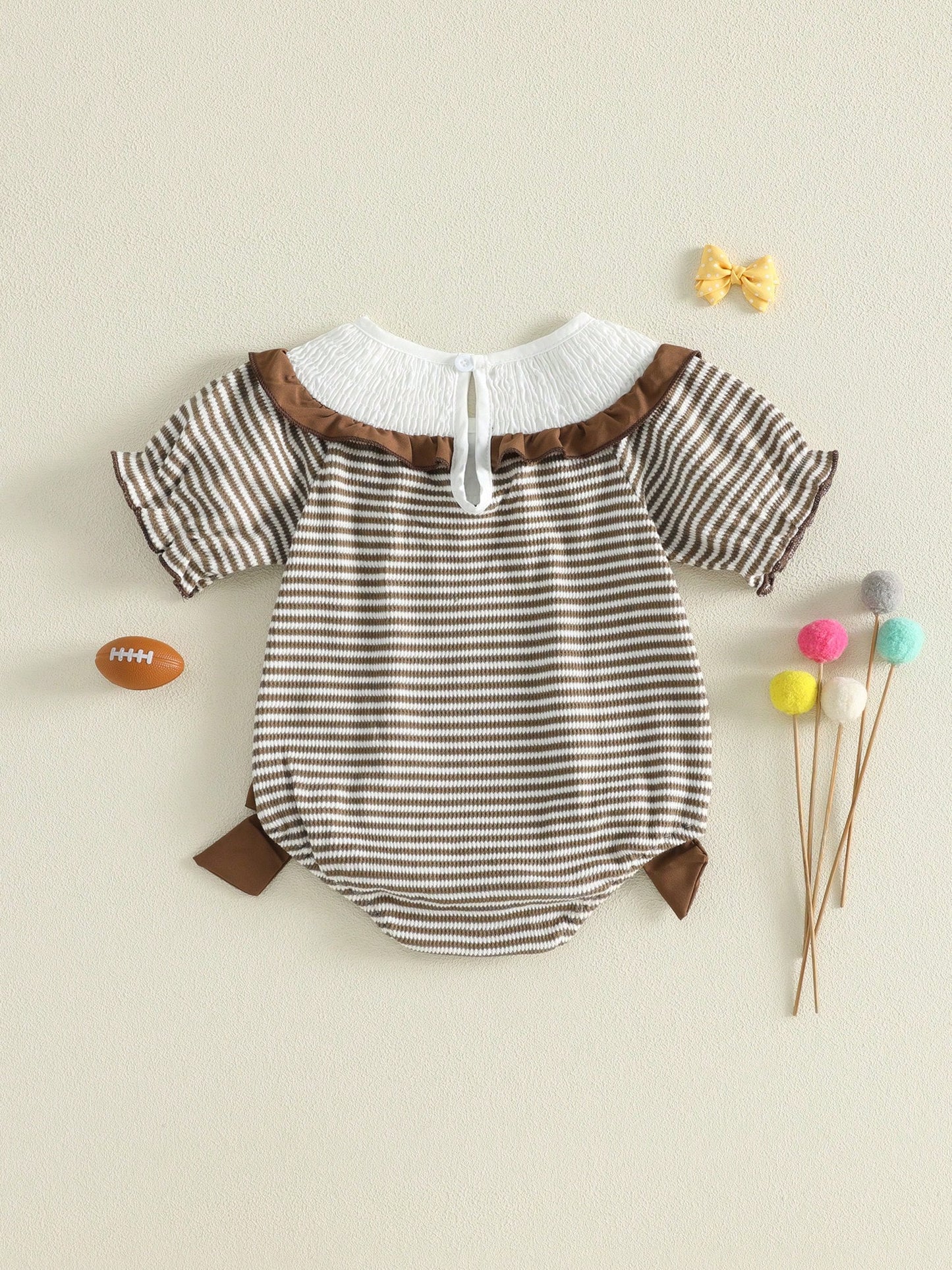 Baby Girl Football Outfit Smocked Bubble Romper Long Sleeve Cutest Football Fan Embroidery Striped Jumpsuit One Piece Fall Winter Clothes