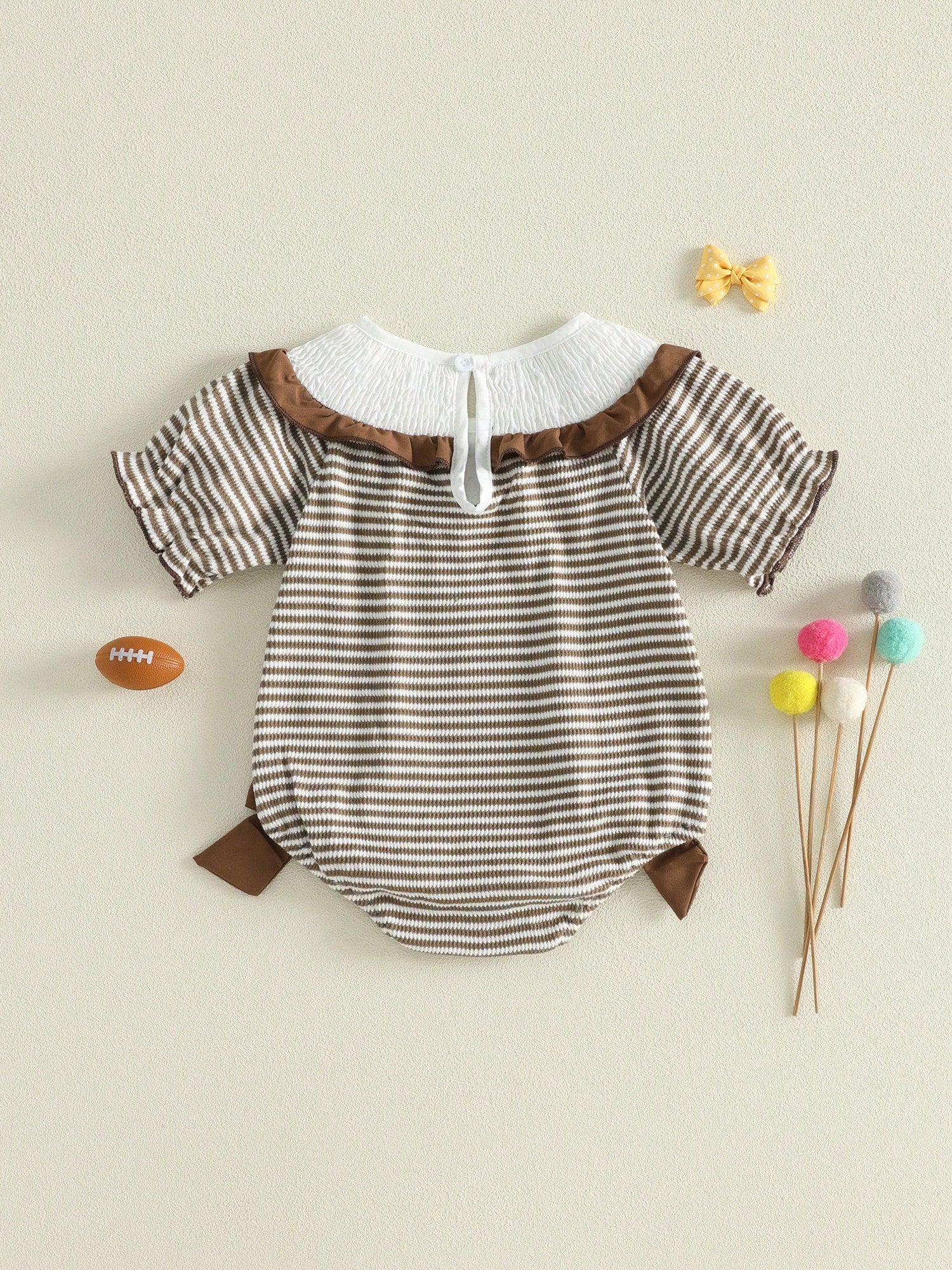 Baby Girl Football Outfit Smocked Bubble Romper Long Sleeve Cutest Football Fan Embroidery Striped Jumpsuit One Piece Fall Winter Clothes