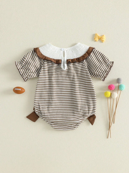 Baby Girl Football Outfit Smocked Bubble Romper Long Sleeve Cutest Football Fan Embroidery Striped Jumpsuit One Piece Fall Winter Clothes