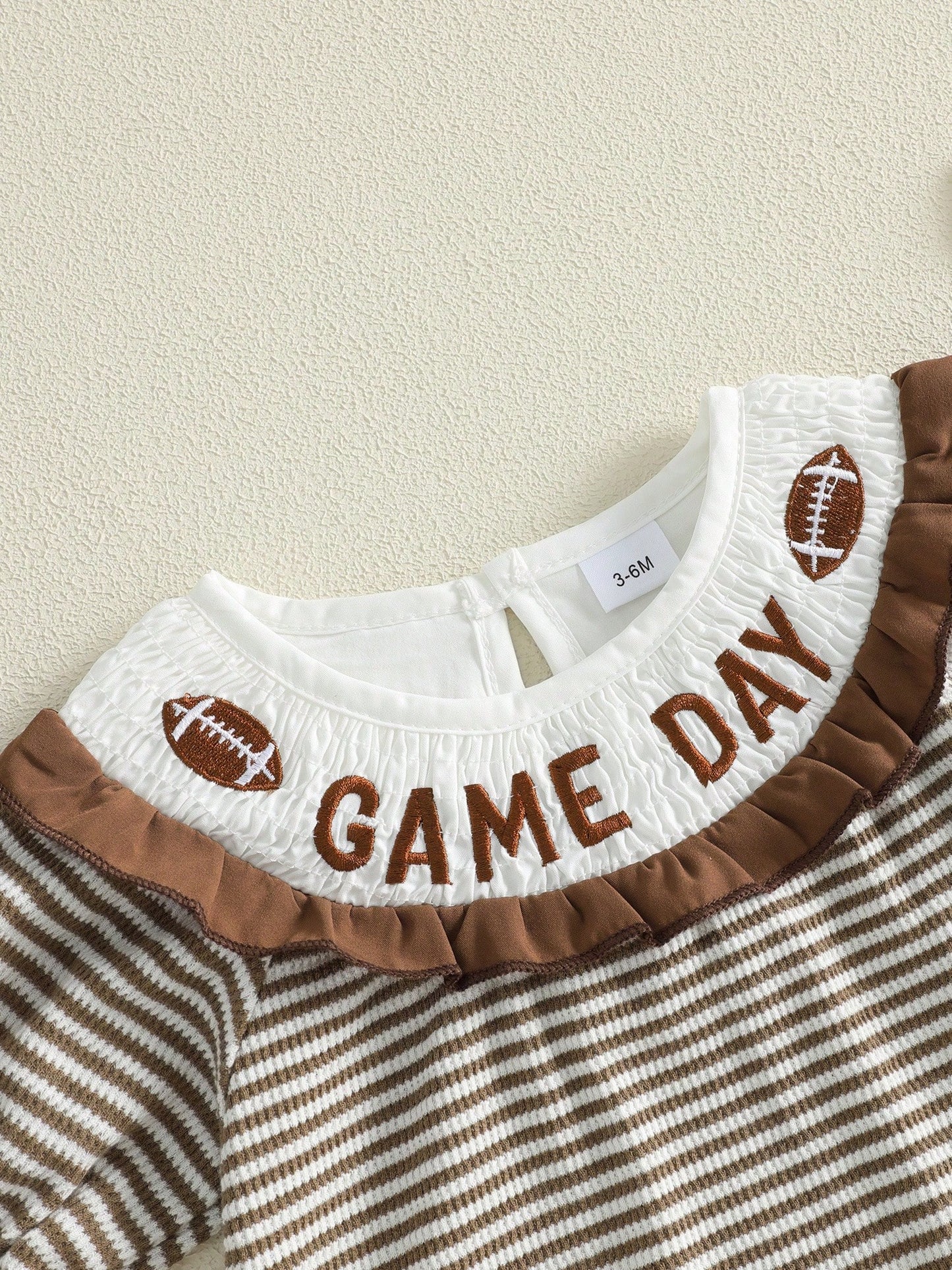 Baby Girl Football Outfit Smocked Bubble Romper Long Sleeve Cutest Football Fan Embroidery Striped Jumpsuit One Piece Fall Winter Clothes