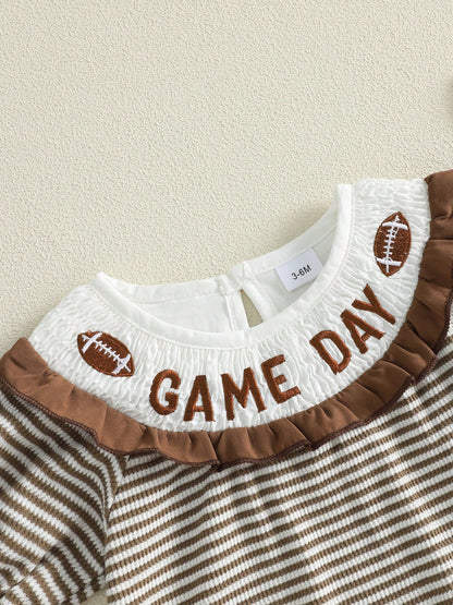 Baby Girl Football Outfit Smocked Bubble Romper Long Sleeve Cutest Football Fan Embroidery Striped Jumpsuit One Piece Fall Winter Clothes