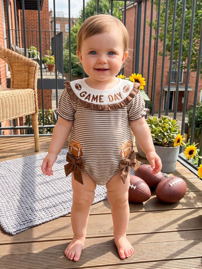 Baby Girl Football Outfit Smocked Bubble Romper Long Sleeve Cutest Football Fan Embroidery Striped Jumpsuit One Piece Fall Winter Clothes