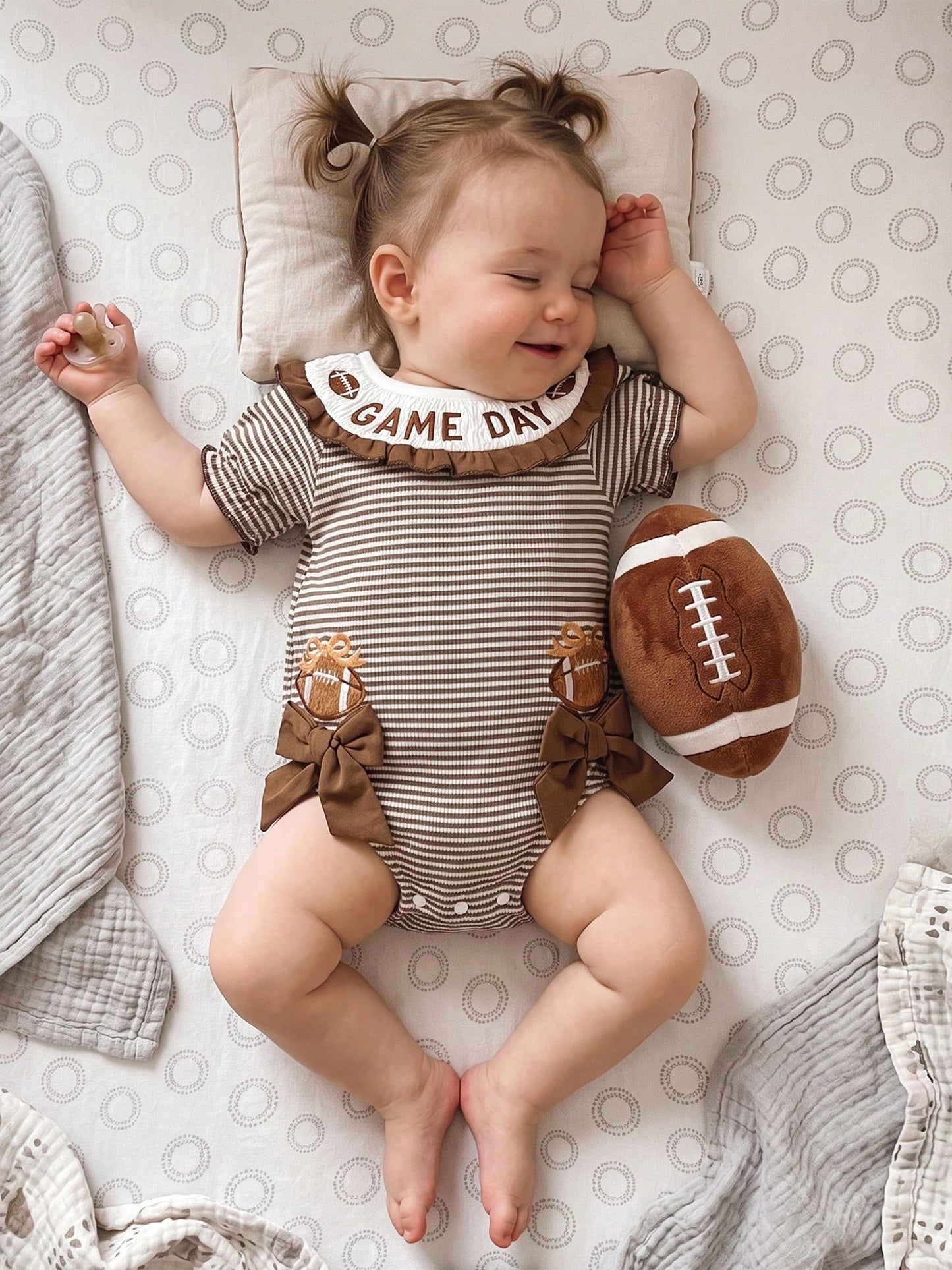 Baby Girl Football Outfit Smocked Bubble Romper Long Sleeve Cutest Football Fan Embroidery Striped Jumpsuit One Piece Fall Winter Clothes