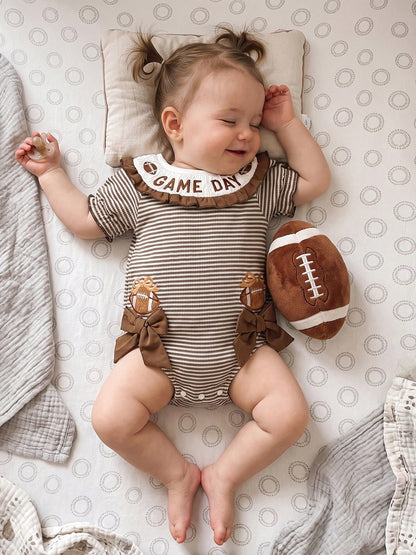 Baby Girl Football Outfit Smocked Bubble Romper Long Sleeve Cutest Football Fan Embroidery Striped Jumpsuit One Piece Fall Winter Clothes
