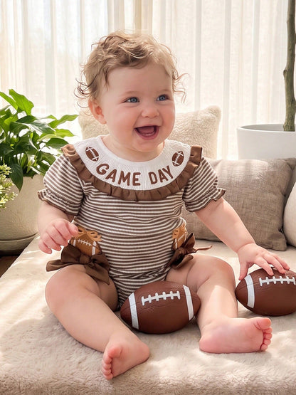 Baby Girl Football Outfit Smocked Bubble Romper Long Sleeve Cutest Football Fan Embroidery Striped Jumpsuit One Piece Fall Winter Clothes