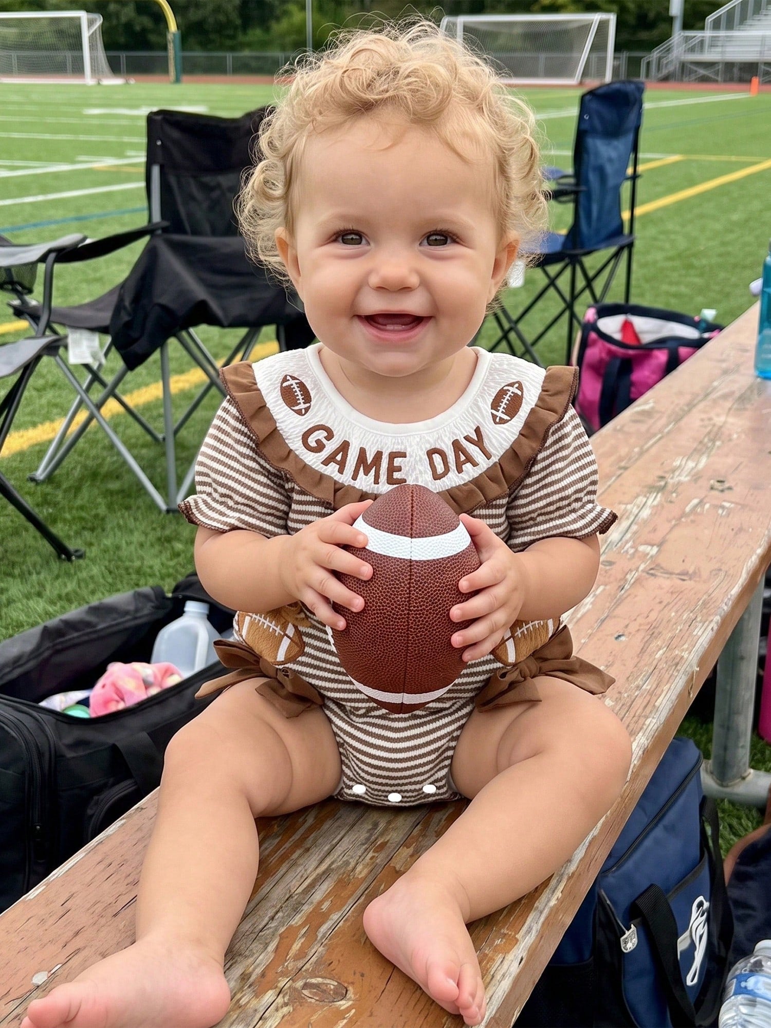 Baby Girl Football Outfit Smocked Bubble Romper Long Sleeve Cutest Football Fan Embroidery Striped Jumpsuit One Piece Fall Winter Clothes