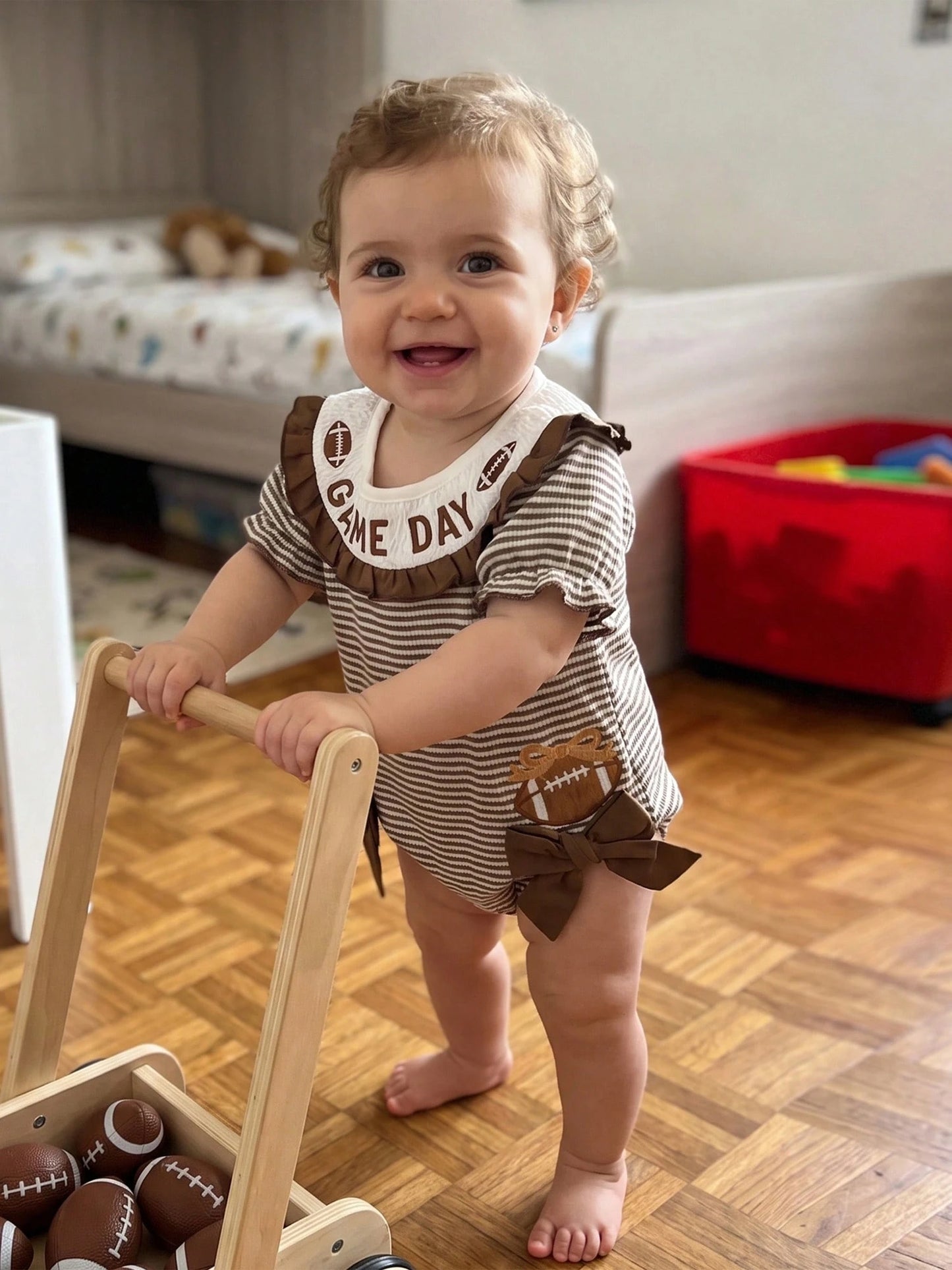 Baby Girl Football Outfit Smocked Bubble Romper Long Sleeve Cutest Football Fan Embroidery Striped Jumpsuit One Piece Fall Winter Clothes