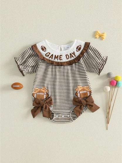 Baby Girl Football Outfit Smocked Bubble Romper Long Sleeve Cutest Football Fan Embroidery Striped Jumpsuit One Piece Fall Winter Clothes