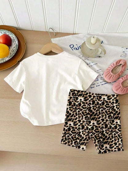 Baby Girl Letter Print Short Sleeve T-Shirt And Leopard Print Shorts Casual Outfit