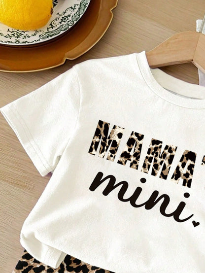 Baby Girl Letter Print Short Sleeve T-Shirt And Leopard Print Shorts Casual Outfit