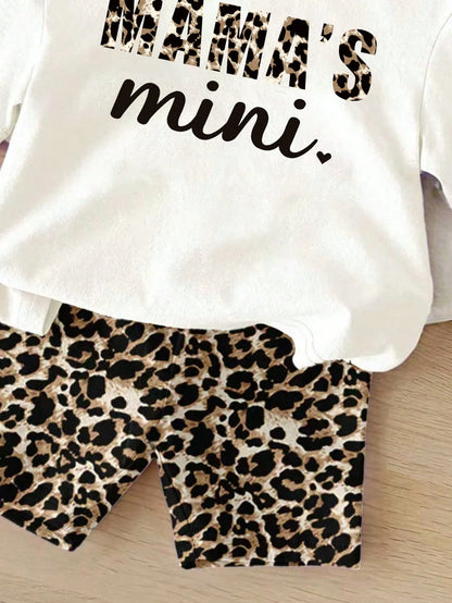 Baby Girl Letter Print Short Sleeve T-Shirt And Leopard Print Shorts Casual Outfit