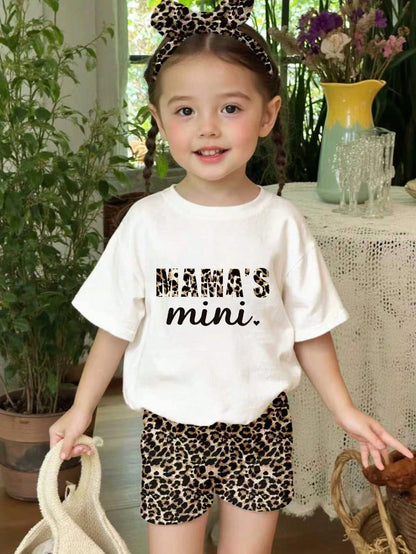 Baby Girl Letter Print Short Sleeve T-Shirt And Leopard Print Shorts Casual Outfit