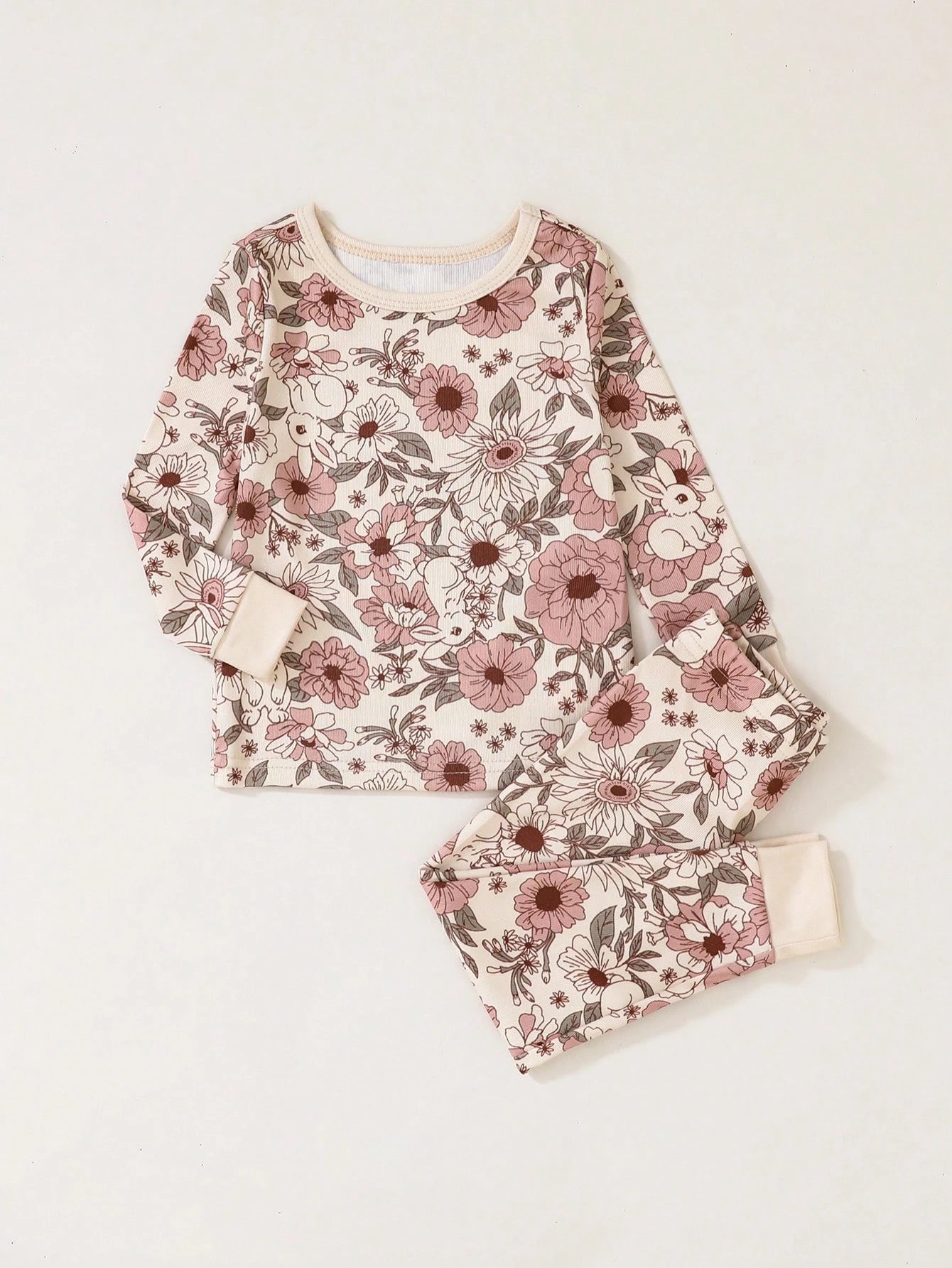 Baby Girl Pink Floral Base Floral Allover Print Long Sleeve Top And Leggings 2pcs Snug Fit Pajamas Set Night Photoshoot Autumn Cute Family Matching