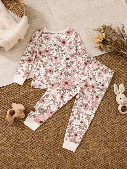 Baby Girl Pink Floral Base Floral Allover Print Long Sleeve Top And Leggings 2pcs Snug Fit Pajamas Set Night Photoshoot Autumn Cute Family Matching