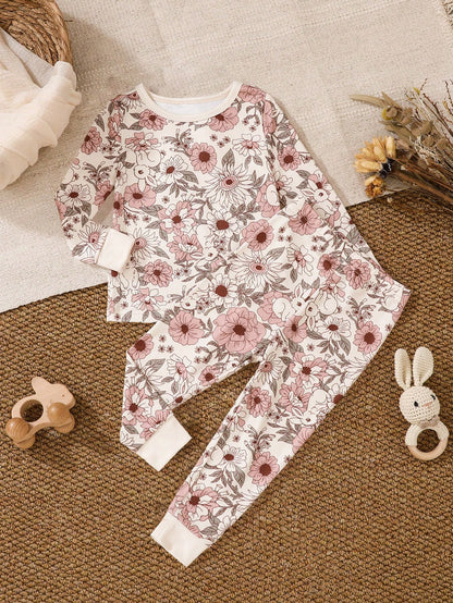 Baby Girl Pink Floral Base Floral Allover Print Long Sleeve Top And Leggings 2pcs Snug Fit Pajamas Set Night Photoshoot Autumn Cute Family Matching