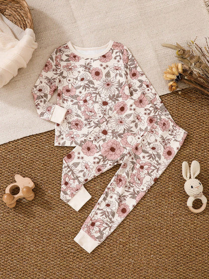Baby Girl Pink Floral Base Floral Allover Print Long Sleeve Top And Leggings 2pcs Snug Fit Pajamas Set Night Photoshoot Autumn Cute Family Matching