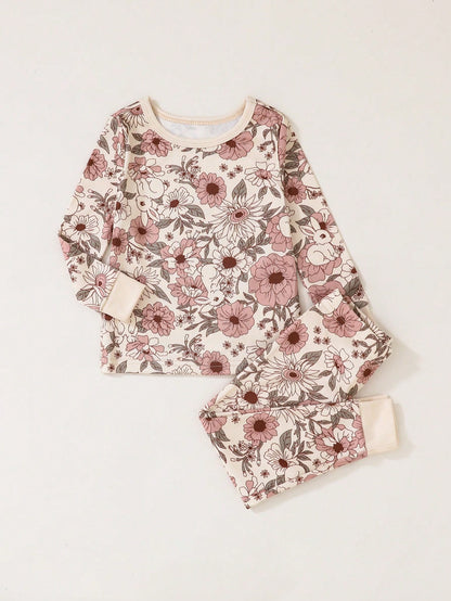 Baby Girl Pink Floral Base Floral Allover Print Long Sleeve Top And Leggings 2pcs Snug Fit Pajamas Set Night Photoshoot Autumn Cute Family Matching